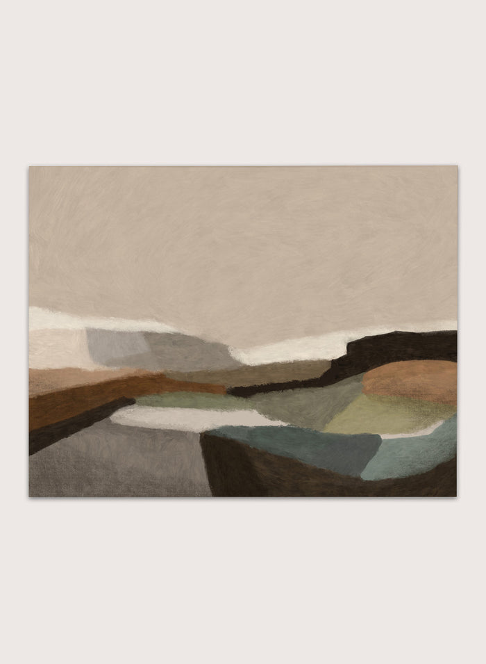 Shop Montego by Dan Hobday, a contemporary landscape art print featuring earthy brown, olive, taupe, gray, and muted blue with simplified layered forms.