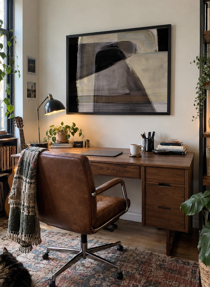 Shop Moods by Dan Hobday, a contemporary abstract art print featuring layered geometric forms, black, taupe, cream, and muted neutral brushwork.