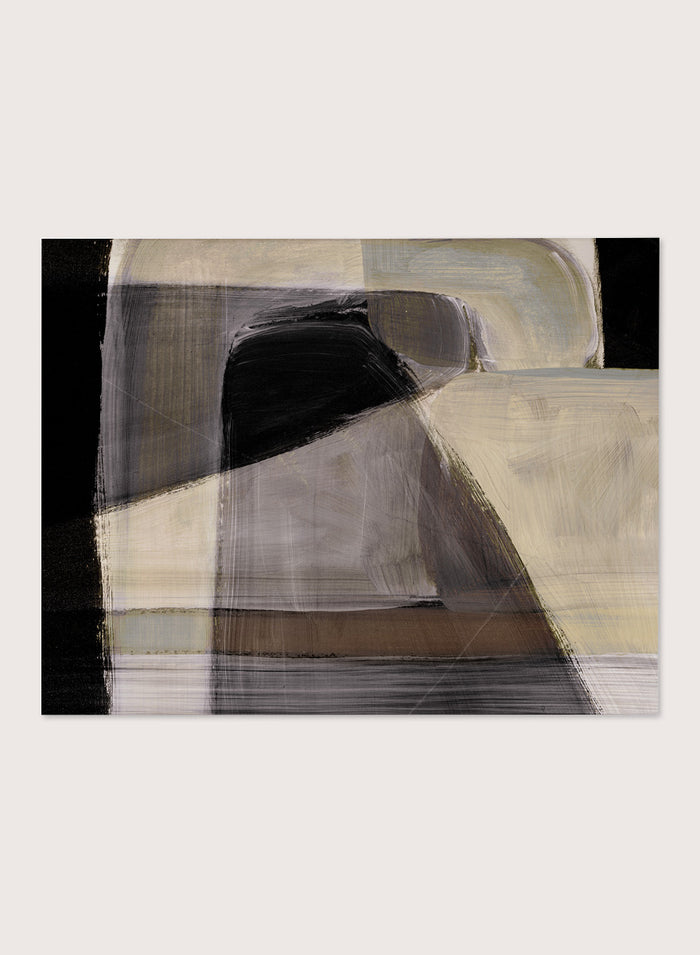 Shop Moods by Dan Hobday, a contemporary abstract art print featuring layered geometric forms, black, taupe, cream, and muted neutral brushwork.