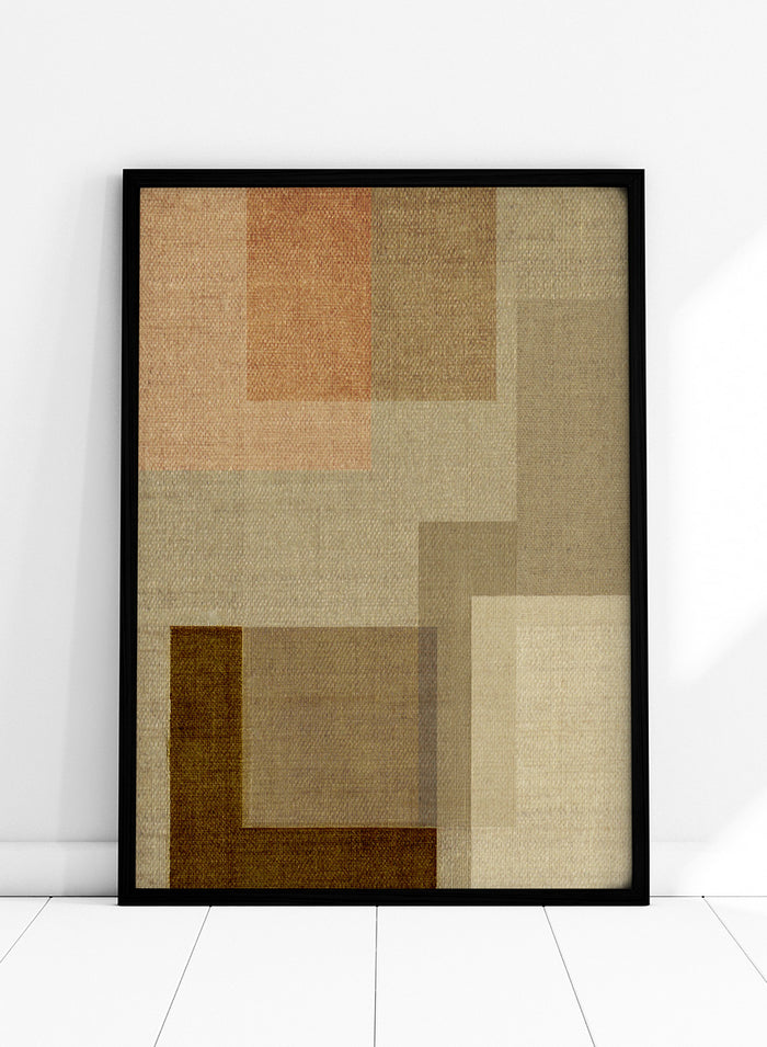An abstract geometric area rug with a textured linen-like weave, featuring overlapping rectangles in shades of beige, brown, tan, and a muted peach-pink. Shop Muted Geometric Layers by Dan Hobday, a neutral abstract art print featuring layered geometric forms, soft earthy tones, and subtle woven texture.