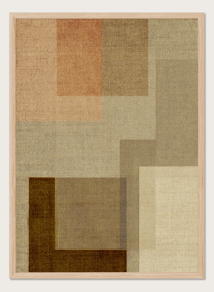 An abstract geometric area rug with a textured linen-like weave, featuring overlapping rectangles in shades of beige, brown, tan, and a muted peach-pink. Shop Muted Geometric Layers by Dan Hobday, a neutral abstract art print featuring layered geometric forms, soft earthy tones, and subtle woven texture.