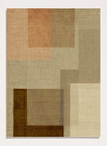 An abstract geometric area rug with a textured linen-like weave, featuring overlapping rectangles in shades of beige, brown, tan, and a muted peach-pink. Shop Muted Geometric Layers by Dan Hobday, a neutral abstract art print featuring layered geometric forms, soft earthy tones, and subtle woven texture.