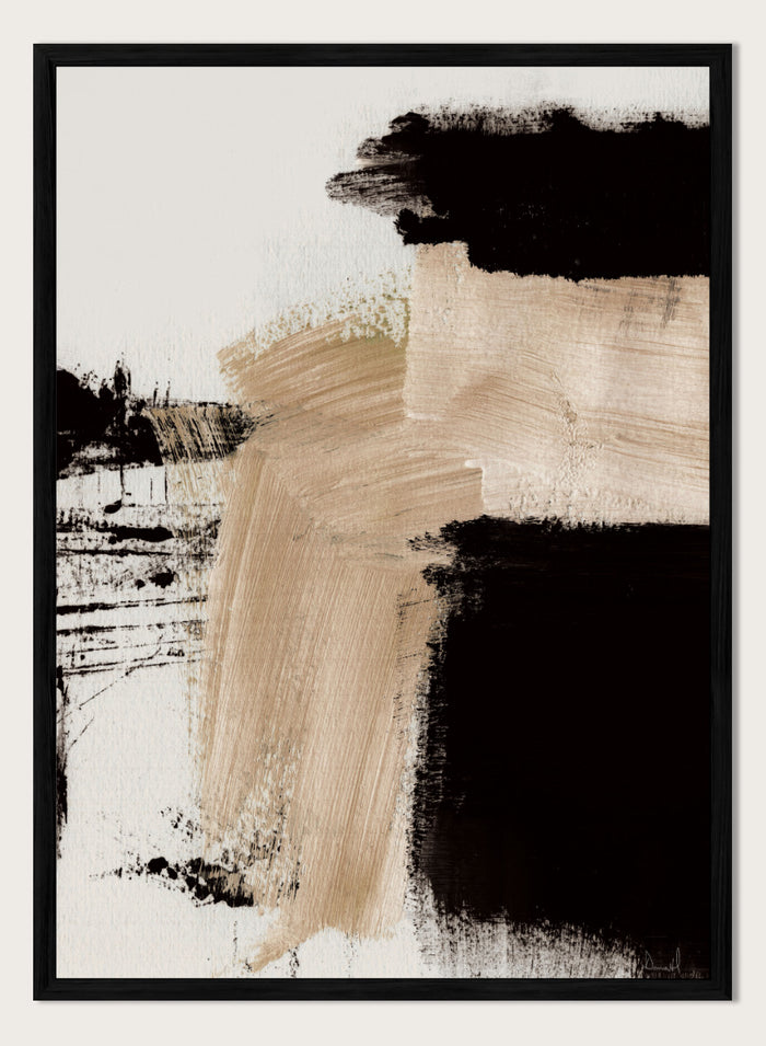 Shop Path by Dan Hobday, a contemporary abstract art print featuring bold black forms, warm beige brushwork, layered texture, and expressive neutral tones.