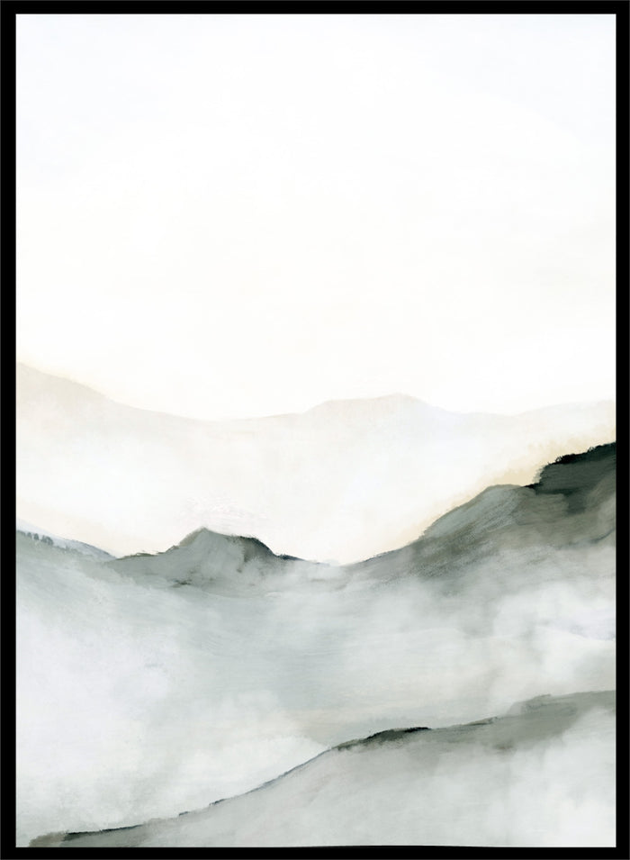 Minimalist watercolor landscape art print featuring soft gray and black inked mountain silhouettes against a clean white background. Shop Ridge by Dan Hobday, a contemporary mountain landscape wall art print featuring soft ridgelines, misty depth, muted green, gray, and cream tones.