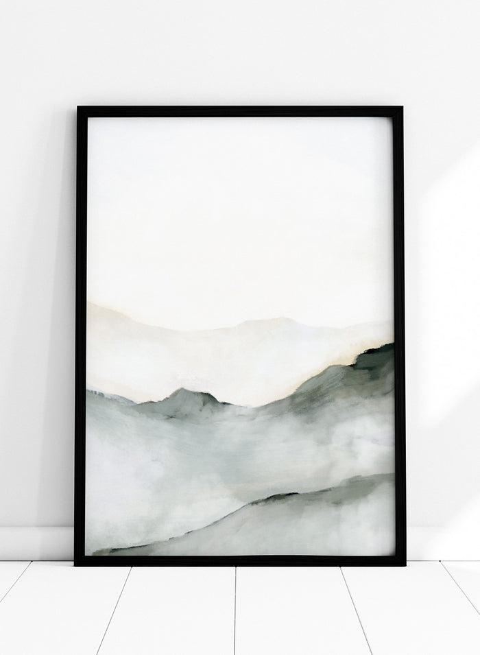 Minimalist watercolor landscape art print featuring soft gray and black inked mountain silhouettes against a clean white background. Shop Ridge by Dan Hobday, a contemporary mountain landscape wall art print featuring soft ridgelines, misty depth, muted green, gray, and cream tones.