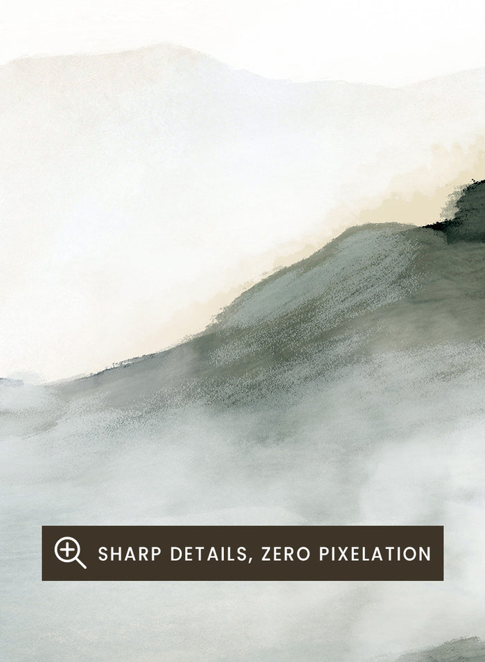 Minimalist watercolor landscape art print featuring soft gray and black inked mountain silhouettes against a clean white background. Shop Ridge by Dan Hobday, a contemporary mountain landscape wall art print featuring soft ridgelines, misty depth, muted green, gray, and cream tones.
