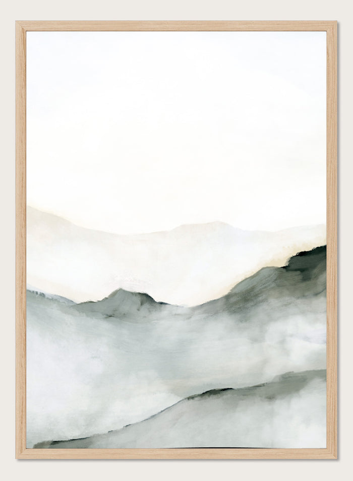 Minimalist watercolor landscape art print featuring soft gray and black inked mountain silhouettes against a clean white background. Shop Ridge by Dan Hobday, a contemporary mountain landscape wall art print featuring soft ridgelines, misty depth, muted green, gray, and cream tones.