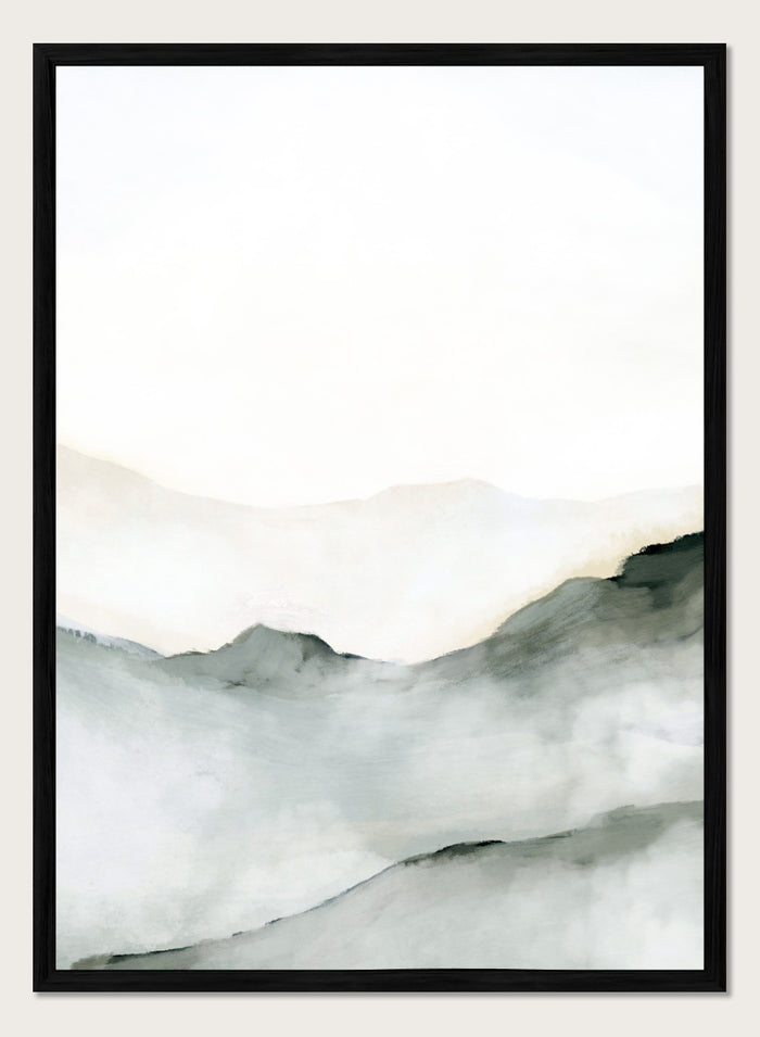 Minimalist watercolor landscape art print featuring soft gray and black inked mountain silhouettes against a clean white background. Shop Ridge by Dan Hobday, a contemporary mountain landscape wall art print featuring soft ridgelines, misty depth, muted green, gray, and cream tones.