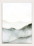 Minimalist watercolor landscape art print featuring soft gray and black inked mountain silhouettes against a clean white background. Shop Ridge by Dan Hobday, a contemporary mountain landscape wall art print featuring soft ridgelines, misty depth, muted green, gray, and cream tones.