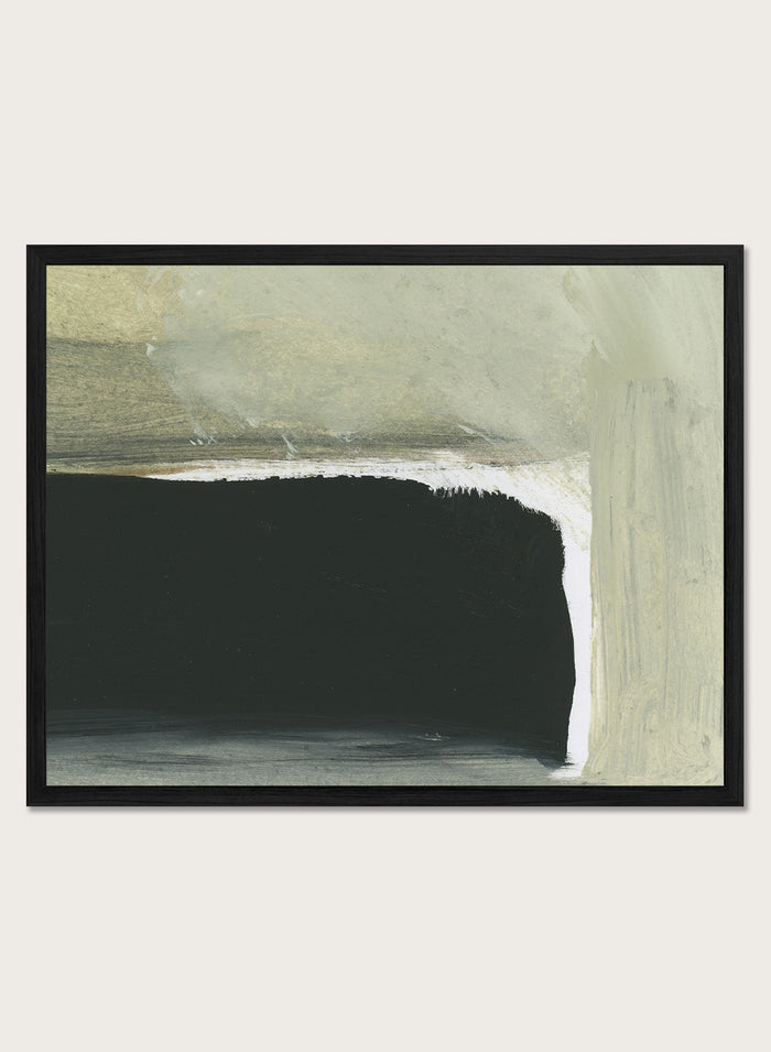 Shop Room by Dan Hobday, a contemporary abstract art print featuring charcoal black, sage green, cream, and muted olive with layered brush texture.