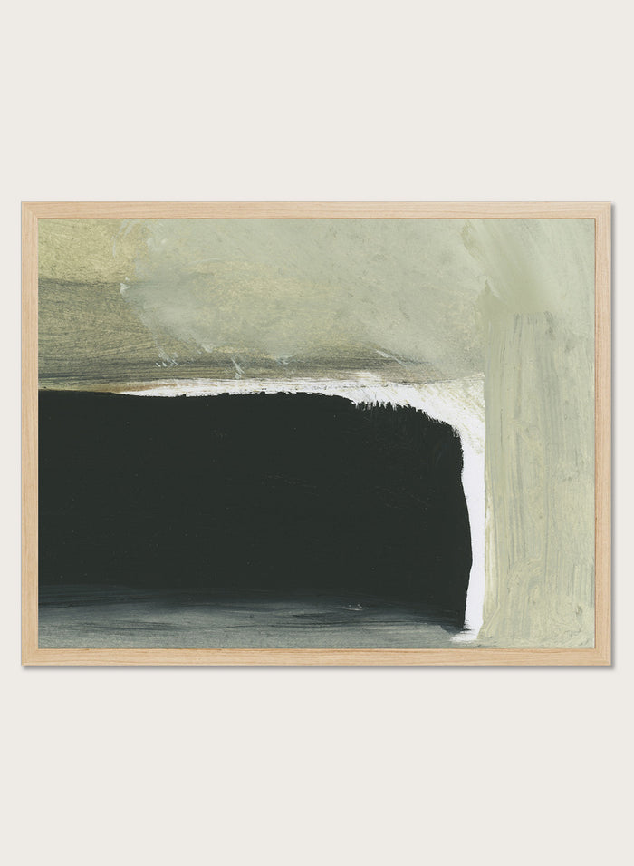 Shop Room by Dan Hobday, a contemporary abstract art print featuring charcoal black, sage green, cream, and muted olive with layered brush texture.