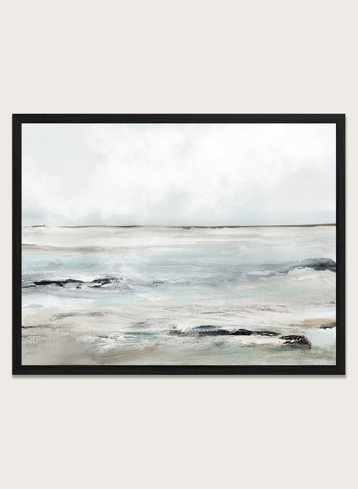 Shop Sandy Bay by Dan Hobday, a coastal landscape art print featuring soft blue-gray water, pale sky, textured shoreline, and layered neutral brushwork.
