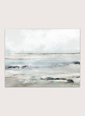 Shop Sandy Bay by Dan Hobday, a coastal landscape art print featuring soft blue-gray water, pale sky, textured shoreline, and layered neutral brushwork.
