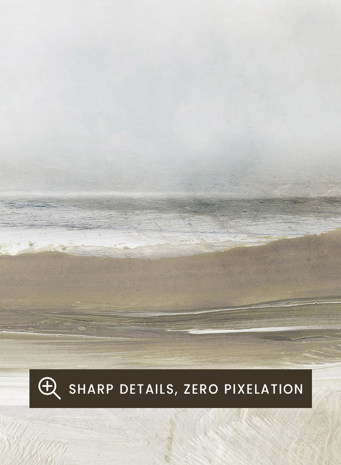 A framed abstract landscape art print depicting a misty beach scene with soft beige, gray, and white tones. Shop Sea Air by Dan Hobday, a contemporary coastal wall art print featuring ocean waves, a soft horizon, misty gray tones, and warm taupe brushwork.
