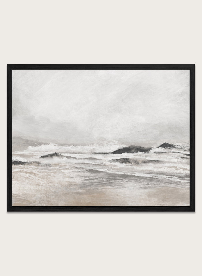 Shop September Coast by Dan Hobday, a contemporary coastal wall art print with ocean waves, rocky shoreline, soft gray-beige tones, and textured brushwork.