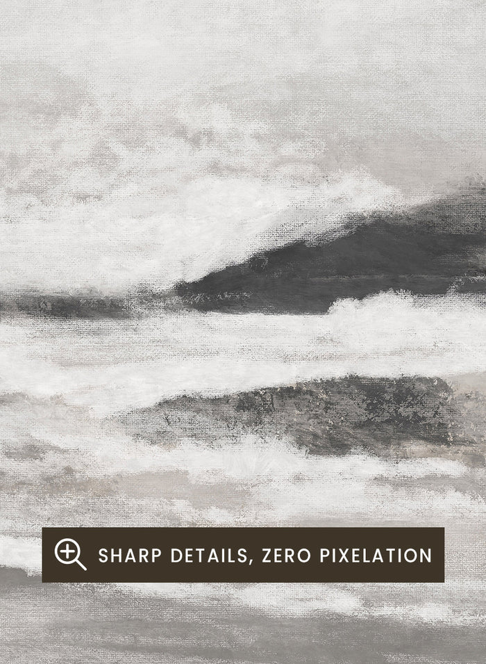 Shop September Coast by Dan Hobday, a contemporary coastal wall art print with ocean waves, rocky shoreline, soft gray-beige tones, and textured brushwork.
