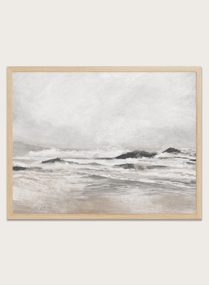 Shop September Coast by Dan Hobday, a contemporary coastal wall art print with ocean waves, rocky shoreline, soft gray-beige tones, and textured brushwork.
