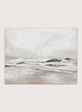Shop September Coast by Dan Hobday, a contemporary coastal wall art print with ocean waves, rocky shoreline, soft gray-beige tones, and textured brushwork.