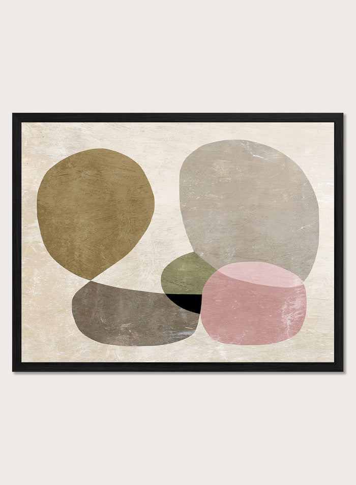 Shop Seven by Dan Hobday, a contemporary abstract art print featuring rounded geometric forms, muted olive, taupe, pink, and layered neutral texture.
