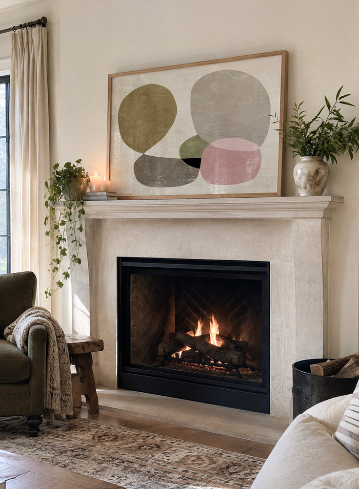 Shop Seven by Dan Hobday, a contemporary abstract art print featuring rounded geometric forms, muted olive, taupe, pink, and layered neutral texture.
