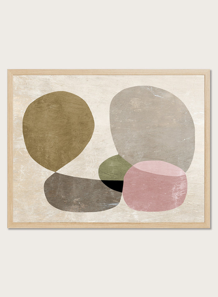 Shop Seven by Dan Hobday, a contemporary abstract art print featuring rounded geometric forms, muted olive, taupe, pink, and layered neutral texture.