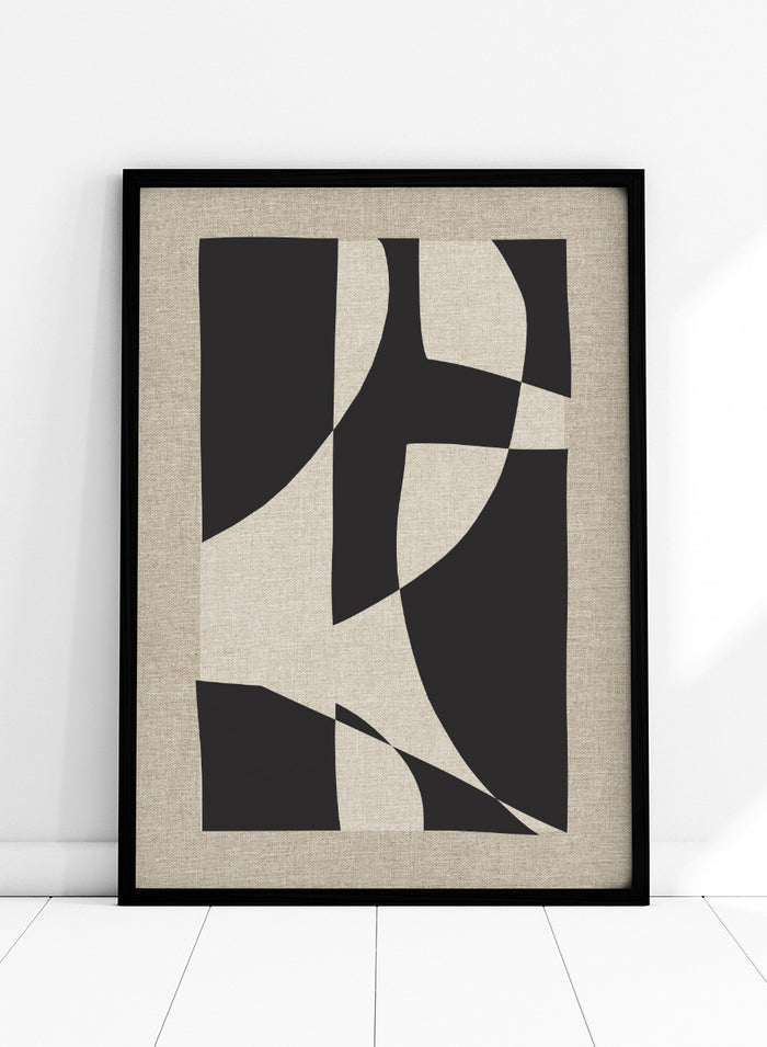 Abstract geometric wall art featuring bold black organic shapes over a warm beige linen-textured background. Shop Skära by Dan Hobday, a contemporary abstract wall art print featuring bold black geometric forms, curved shapes, and warm beige textured tones.