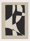 Abstract geometric wall art featuring bold black organic shapes over a warm beige linen-textured background. Shop Skära by Dan Hobday, a contemporary abstract wall art print featuring bold black geometric forms, curved shapes, and warm beige textured tones.