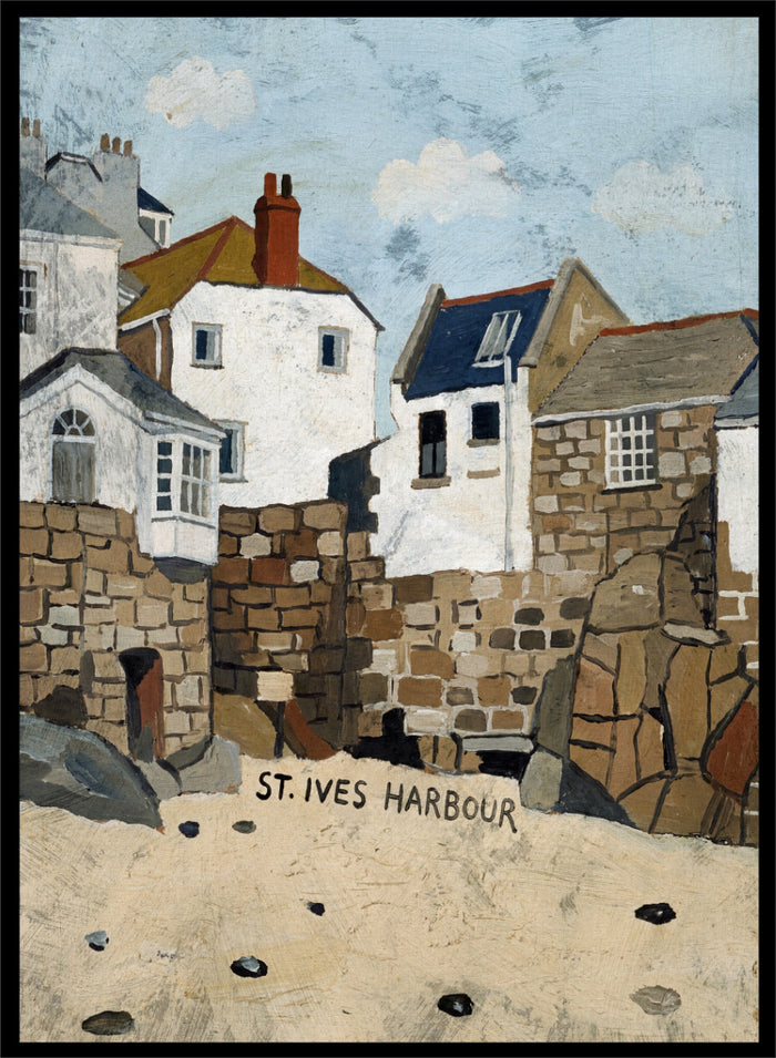 A painted coastal scene labeled 'ST. IVES HARBOUR' showing white and stone buildings, rocky walls, sandy foreground, and a pale blue sky. Shop St. Ives Harbour Beach by Dan Hobday, a coastal wall art print featuring whitewashed houses, stone walls, sandy beach, and soft blue and earthy tones.