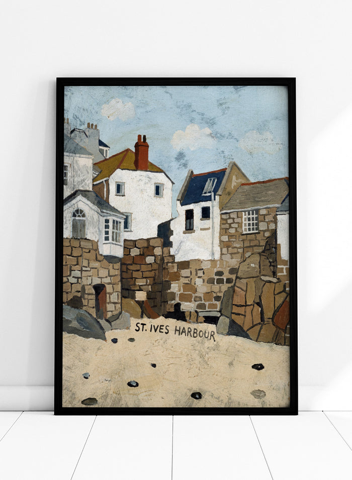 A painted coastal scene labeled 'ST. IVES HARBOUR' showing white and stone buildings, rocky walls, sandy foreground, and a pale blue sky. Shop St. Ives Harbour Beach by Dan Hobday, a coastal wall art print featuring whitewashed houses, stone walls, sandy beach, and soft blue and earthy tones.