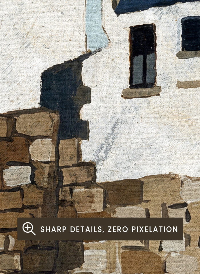 A painted coastal scene labeled 'ST. IVES HARBOUR' showing white and stone buildings, rocky walls, sandy foreground, and a pale blue sky. Shop St. Ives Harbour Beach by Dan Hobday, a coastal wall art print featuring whitewashed houses, stone walls, sandy beach, and soft blue and earthy tones.