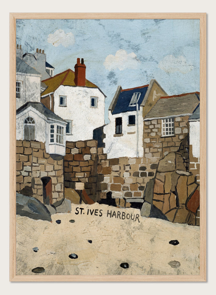 A painted coastal scene labeled 'ST. IVES HARBOUR' showing white and stone buildings, rocky walls, sandy foreground, and a pale blue sky. Shop St. Ives Harbour Beach by Dan Hobday, a coastal wall art print featuring whitewashed houses, stone walls, sandy beach, and soft blue and earthy tones.