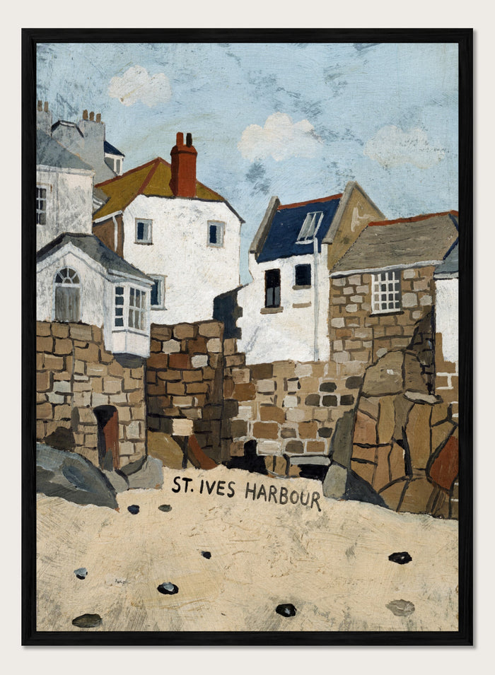 A painted coastal scene labeled 'ST. IVES HARBOUR' showing white and stone buildings, rocky walls, sandy foreground, and a pale blue sky. Shop St. Ives Harbour Beach by Dan Hobday, a coastal wall art print featuring whitewashed houses, stone walls, sandy beach, and soft blue and earthy tones.