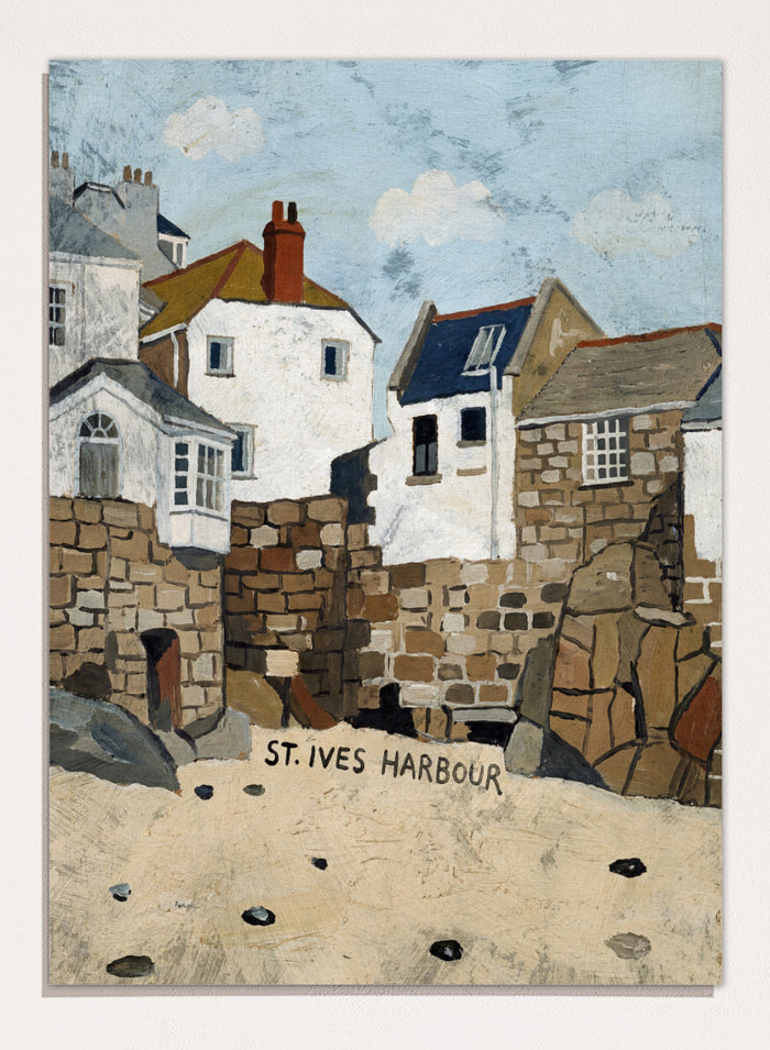 A painted coastal scene labeled 'ST. IVES HARBOUR' showing white and stone buildings, rocky walls, sandy foreground, and a pale blue sky. Shop St. Ives Harbour Beach by Dan Hobday, a coastal wall art print featuring whitewashed houses, stone walls, sandy beach, and soft blue and earthy tones.