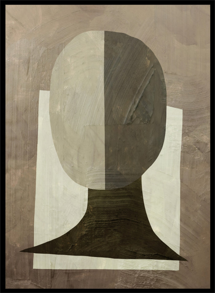 An abstract geometric art print featuring a stylized head and neck silhouette in shades of gray, brown, and off-white. Shop Study by Dan Hobday, a contemporary abstract portrait art print featuring a simplified human figure, geometric forms, and earthy brown and cream tones.