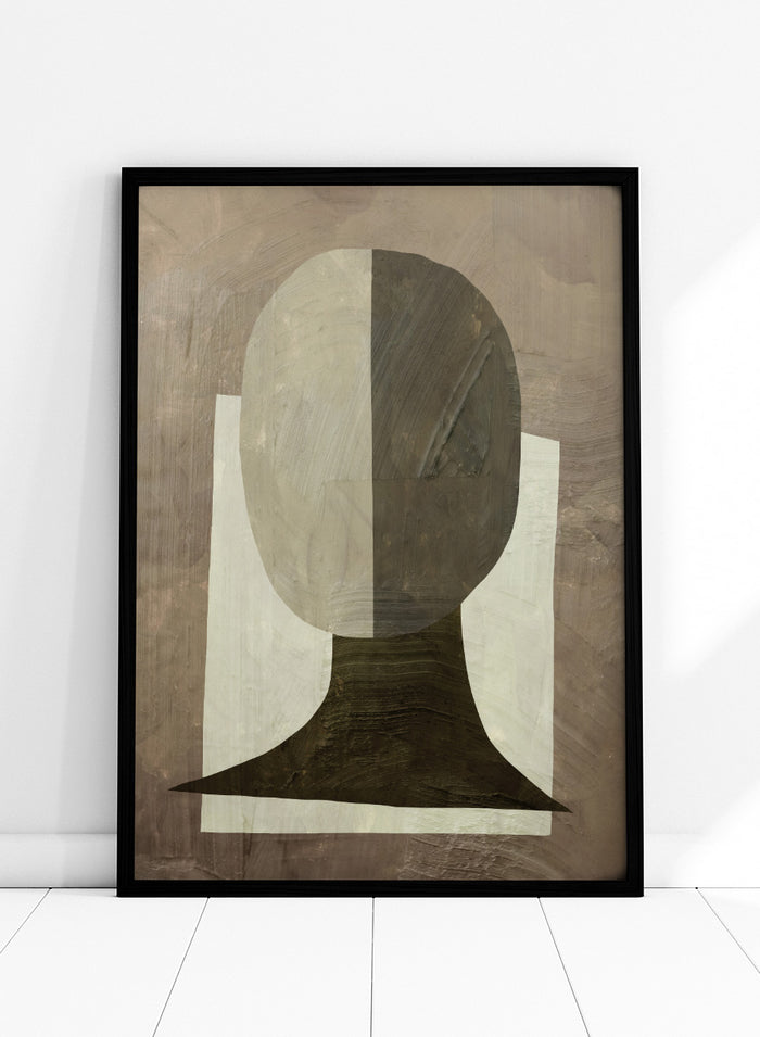 An abstract geometric art print featuring a stylized head and neck silhouette in shades of gray, brown, and off-white. Shop Study by Dan Hobday, a contemporary abstract portrait art print featuring a simplified human figure, geometric forms, and earthy brown and cream tones.