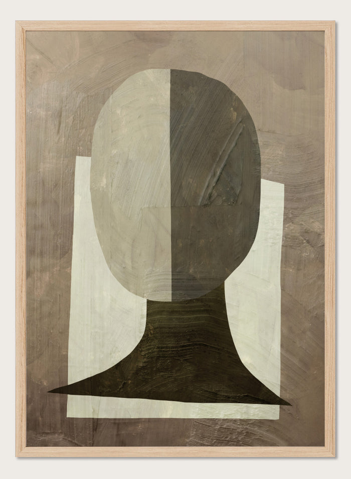 An abstract geometric art print featuring a stylized head and neck silhouette in shades of gray, brown, and off-white. Shop Study by Dan Hobday, a contemporary abstract portrait art print featuring a simplified human figure, geometric forms, and earthy brown and cream tones.