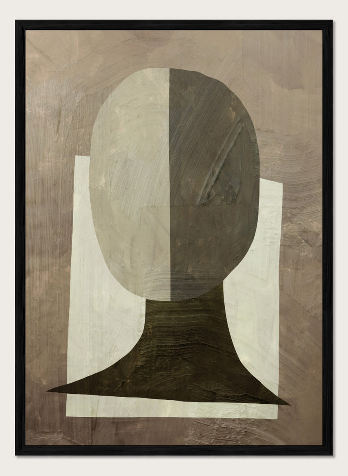 An abstract geometric art print featuring a stylized head and neck silhouette in shades of gray, brown, and off-white. Shop Study by Dan Hobday, a contemporary abstract portrait art print featuring a simplified human figure, geometric forms, and earthy brown and cream tones.