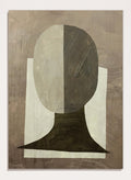 An abstract geometric art print featuring a stylized head and neck silhouette in shades of gray, brown, and off-white. Shop Study by Dan Hobday, a contemporary abstract portrait art print featuring a simplified human figure, geometric forms, and earthy brown and cream tones.
