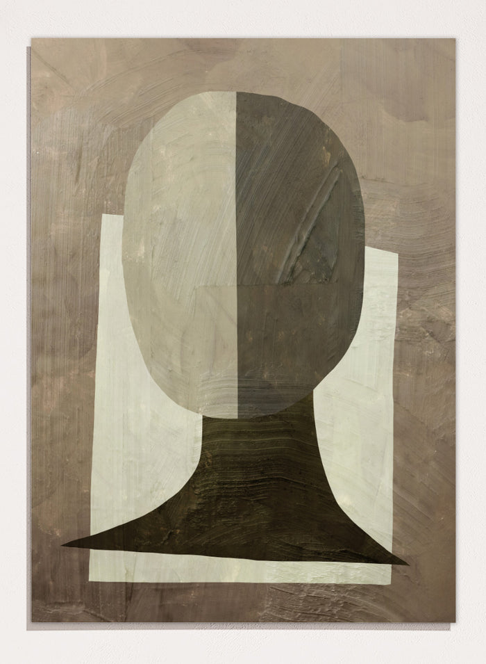 An abstract geometric art print featuring a stylized head and neck silhouette in shades of gray, brown, and off-white. Shop Study by Dan Hobday, a contemporary abstract portrait art print featuring a simplified human figure, geometric forms, and earthy brown and cream tones.