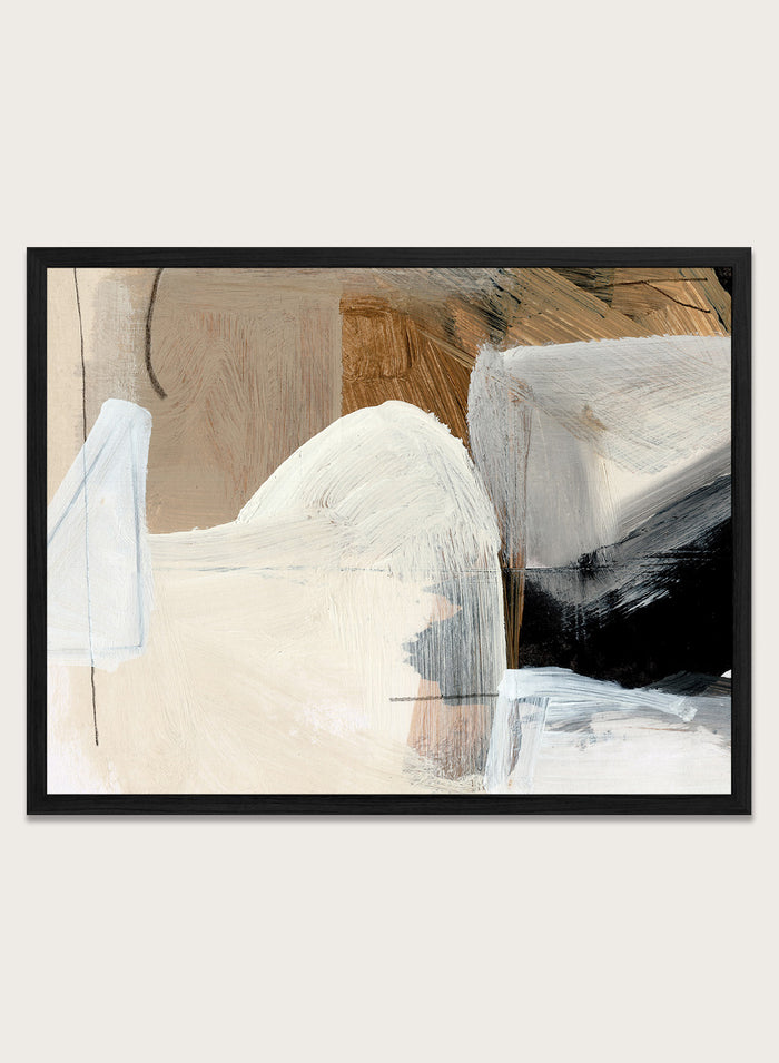 Shop Style Abstract by Dan Hobday, a contemporary abstract art print featuring layered geometric forms, warm neutral tones, black accents, and textured brushwork.