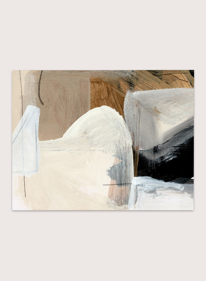 Shop Style Abstract by Dan Hobday, a contemporary abstract art print featuring layered geometric forms, warm neutral tones, black accents, and textured brushwork.