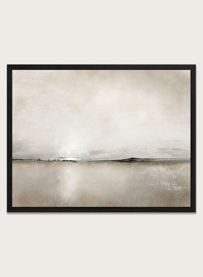 Shop Sunlight Bay by Dan Hobday, a soft coastal landscape art print featuring a pale horizon, warm neutral tones, subtle sunlight, and layered texture.