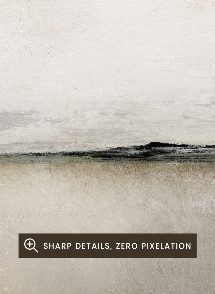 Shop Sunlight Bay by Dan Hobday, a soft coastal landscape art print featuring a pale horizon, warm neutral tones, subtle sunlight, and layered texture.