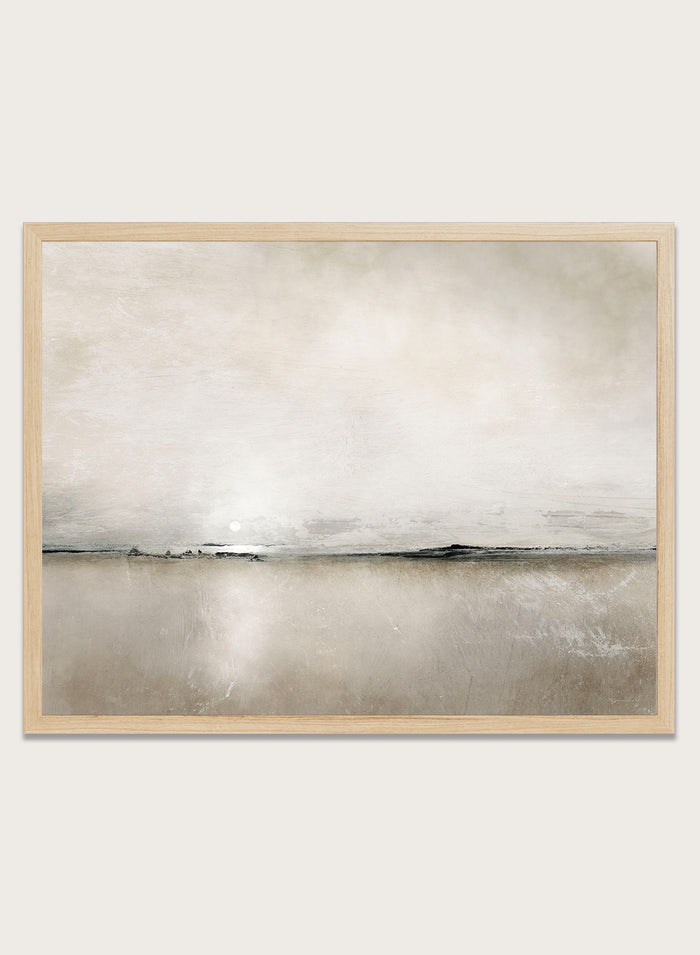 Shop Sunlight Bay by Dan Hobday, a soft coastal landscape art print featuring a pale horizon, warm neutral tones, subtle sunlight, and layered texture.