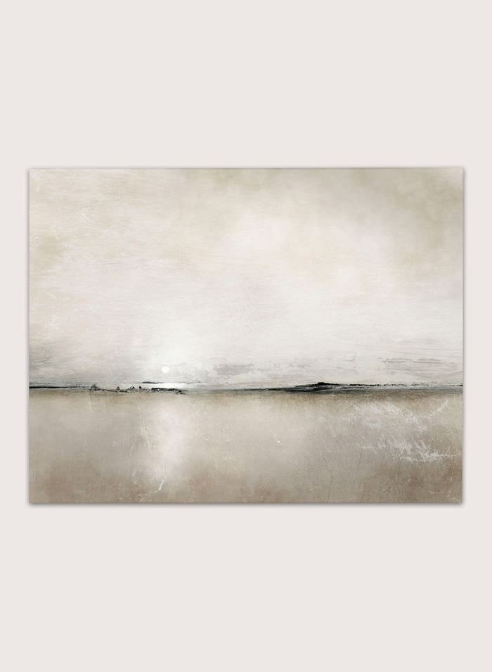 Shop Sunlight Bay by Dan Hobday, a soft coastal landscape art print featuring a pale horizon, warm neutral tones, subtle sunlight, and layered texture.