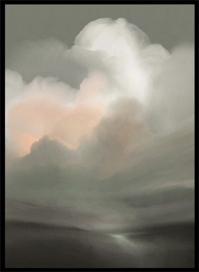 Shop Tempesta by Dan Hobday, a dramatic landscape wall art print featuring storm clouds, moody skies, soft gray-green tones, and a subtle peach glow.