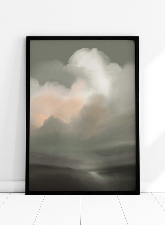 Shop Tempesta by Dan Hobday, a dramatic landscape wall art print featuring storm clouds, moody skies, soft gray-green tones, and a subtle peach glow.
