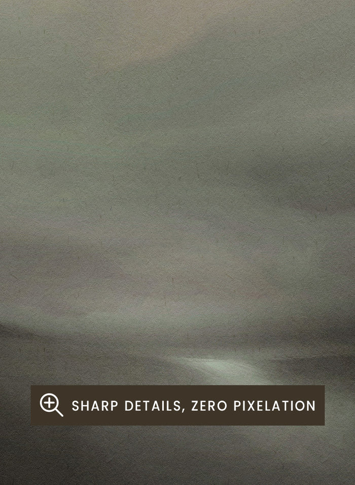 Shop Tempesta by Dan Hobday, a dramatic landscape wall art print featuring storm clouds, moody skies, soft gray-green tones, and a subtle peach glow.