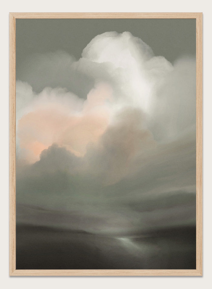 Shop Tempesta by Dan Hobday, a dramatic landscape wall art print featuring storm clouds, moody skies, soft gray-green tones, and a subtle peach glow.