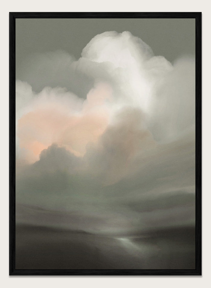 Shop Tempesta by Dan Hobday, a dramatic landscape wall art print featuring storm clouds, moody skies, soft gray-green tones, and a subtle peach glow.